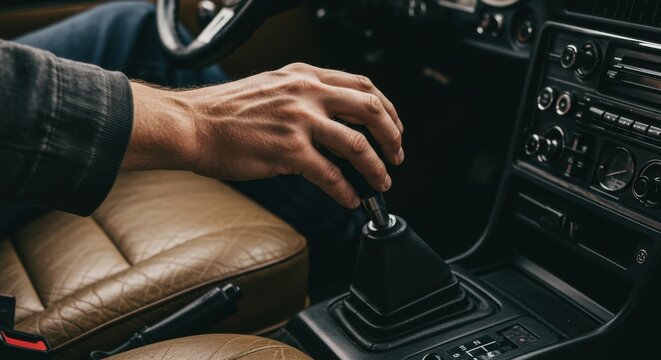 Fototapeta Man Shifting Gear in a Car Interior