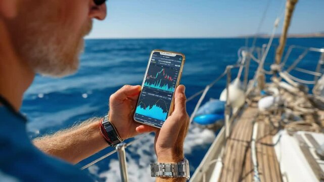 Investment on the horizon: A person on a yacht uses a smartphone to check a stock market with the sparkling sea and clear skies serving as a unique setting. - Powered by Adobe