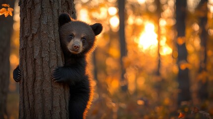Adorable baby bear clinging to tree trunk in golden sunlight