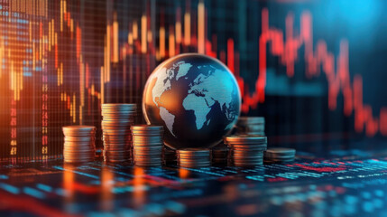 Globe and stack with coins. Money makes the world go round