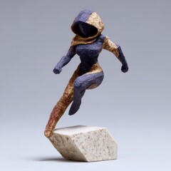 Armored woman figure mid-action pose with windswept cape on dynamic angled stand