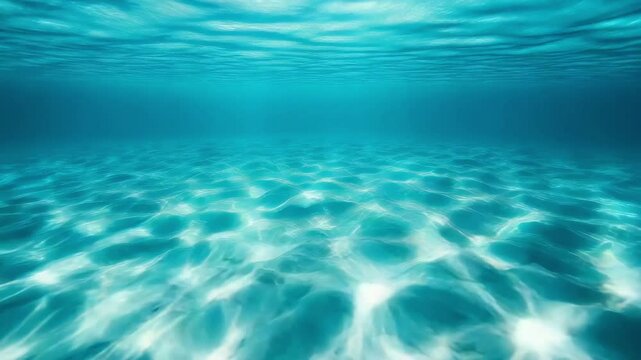 Sunlight filters through the turquoise water, illuminating rippled sandy ocean floor in underwater scene.