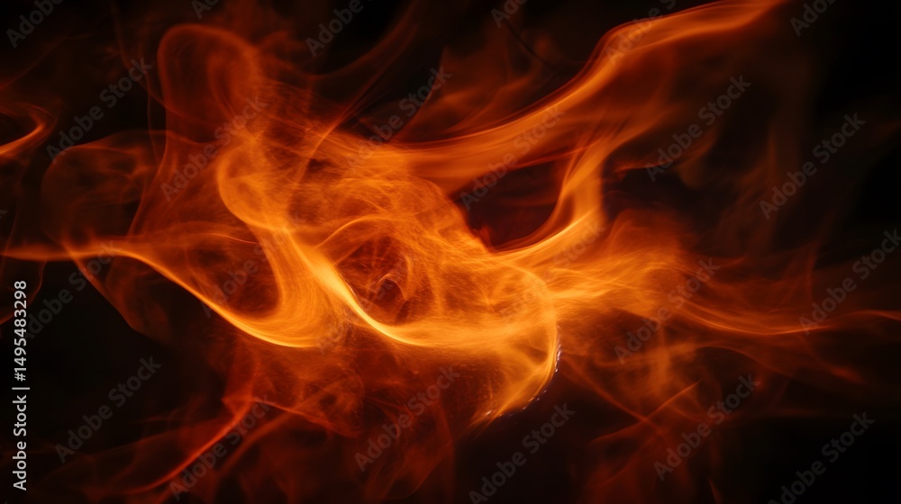 Poster close-up view of a dynamic, swirling design composed of orange and black smoke or fire, featuring in