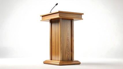 Polished wooden podium stands ready with a microphone against a bright white background