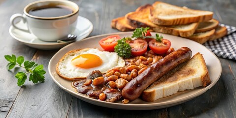 A delightful breakfast plate featuring a fried egg, savory sausage, baked beans, grilled toast, and juicy tomatoes, accompanied by a steaming cup of coffee on a rustic wooden table