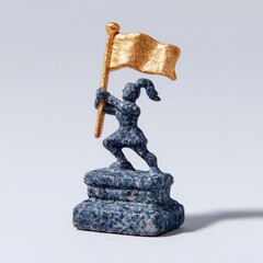 Elegant figure of queenly knight woman holding flag, detailed castle stone base