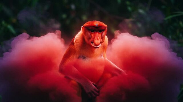 Proboscis Monkey in Dreamy Haze: A striking portrait of a proboscis monkey enveloped in a captivating haze, the colors play, as the unique creature looks out toward the horizon.