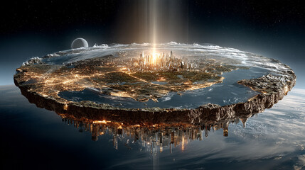 Vibrant artistic depiction of a flat Earth half-globe floating in cosmic space. Bold colors highlight land and ocean with surreal beauty. Minimalist layout with caption space on the side.