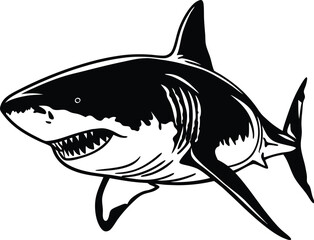 Majestic Great White Shark Silhouette: An intimidating black and white illustration of a great white shark, its powerful form and sharp teeth a testament to its apex predator status.