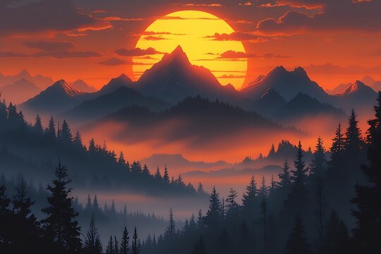 Stunning sunset view over a misty mountain range with forest silhouettes and fiery orange and red hues in the sky