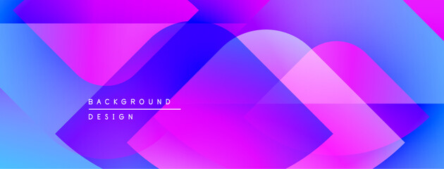 Abstract geometric shapes overlap, creating vibrant gradients. Blue, purple, pink hues dominate design. Modern aesthetic.
