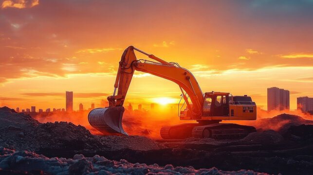 xcavator Operating at Construction Site During Sunset
