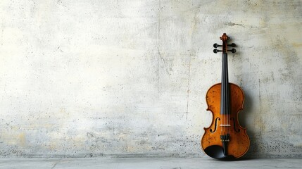Violin placed against a smooth white wall with space for copy that resonates with a musical theme or performance.