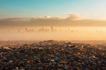 Obraz premium Giant landfill emitting methane with distant city in heat haze A city skyline shrouded in fog above a vast landfill.