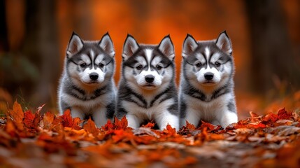 Adorable husky puppies in autumn leaves