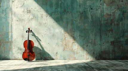 Violin placed casually against a blank wall, offering a perfect layout for adding music-related text or visual elements.