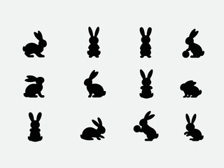 Set of twelve minimalist rabbit silhouette illustrations showcasing diverse poses on white background