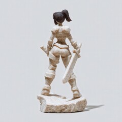 3D knightess figure in dual-wield stance, base featuring broken weapons