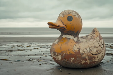 A large, weathered rubber duck sits on a sandy beach under a cloudy sky, with the ocean in the background