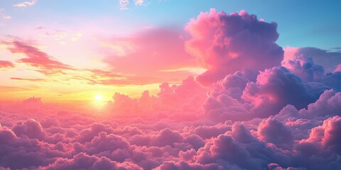 Vibrant sunrise illuminating fluffy clouds over a serene landscape in early morning light