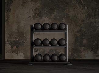 Black dumbbell rack with weights against a dark grunge wall.