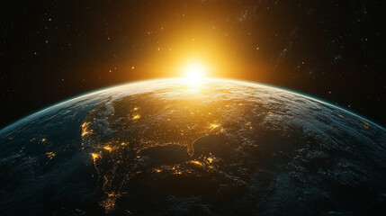Naklejka premium Vibrant artistic depiction of a flat Earth half-globe floating in cosmic space. Bold colors highlight land and ocean with surreal beauty. Minimalist layout with caption space on the side.