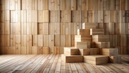 Wooden blocks arranged as a staircase against a wood paneled wall in a minimalist interior design setting