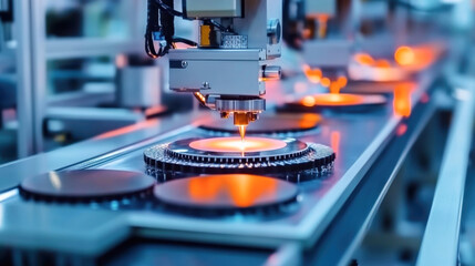 Automated machinery processing silicon wafers in a semiconductor plant