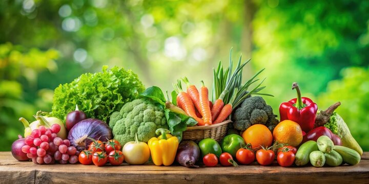 A Bountiful Harvest of Fresh Vegetables and Fruits Displayed on Rustic Wooden Table Against a Vibrant Green Background