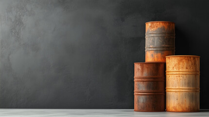 Rusty oil barrels in front of a dark gray background