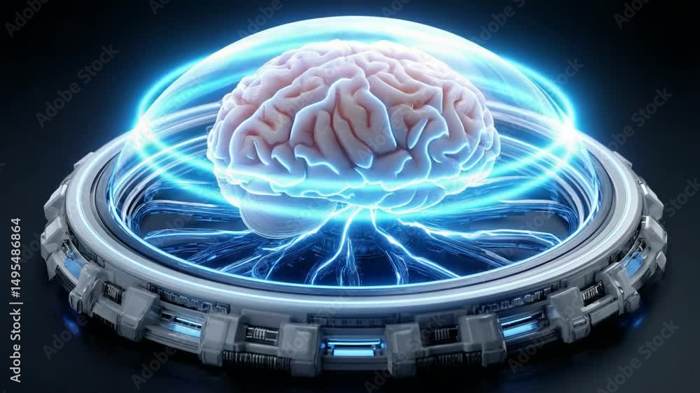 Poster brain-like energy field: illustrates a digital rendering of the brain encapsulated in a futuristic, 