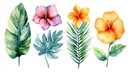 Obraz premium Elegant watercolor botanical illustration of assorted flowers and leaves, including roses, ranunculus, hibiscus, hyacinth, chrysanthemum, and palm leaf. Hand-painted style on a white background.