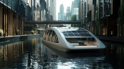 Futuristic Solar-Powered Boat Navigating a Modern City Canal