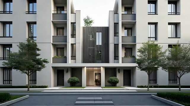 Modern Residential Apartment Building Exterior with Symmetrical Design
