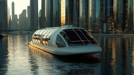 Futuristic Solar-Powered Boat on Dubai Canal at Sunset