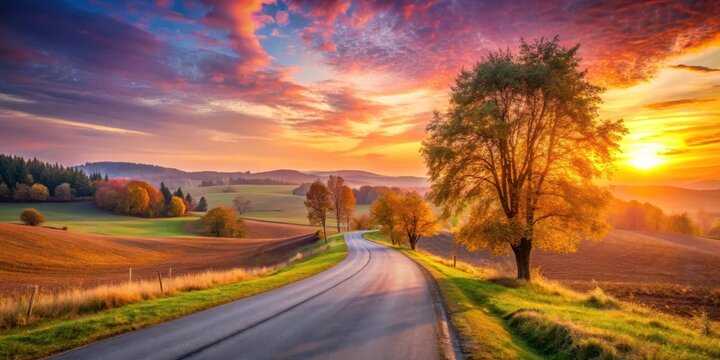 Serene autumnal landscape with a winding road at sunset, bathed in warm golden light, showcasing the vibrant colors of fall foliage and rolling hills.
