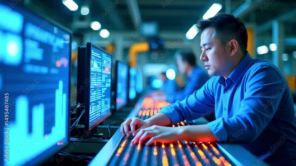 Poster focused professional analyzing data on multiple screens in a modern tech workspace at night