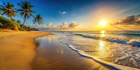 Golden Hour Serenity Tropical Beach Sunset with Palm Trees and Gentle Waves