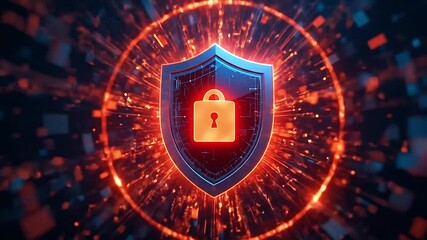 Animation of cyber shield rotating with firewall sparks