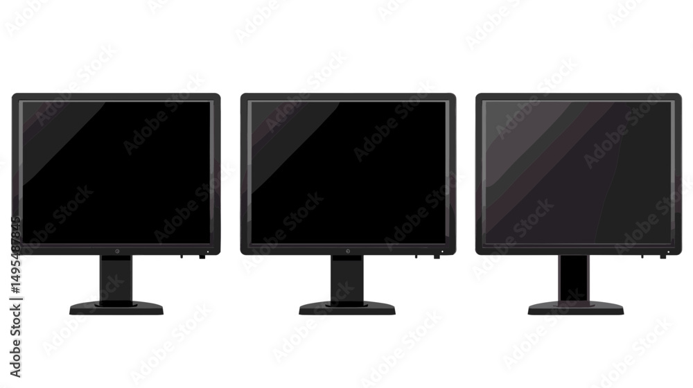 Poster three black computer monitors displaying blank screens in a minimalist office setting