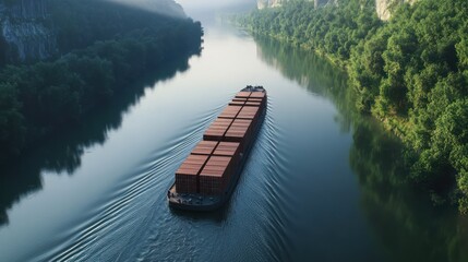 Cargo Ship Navigating Serene River Landscape