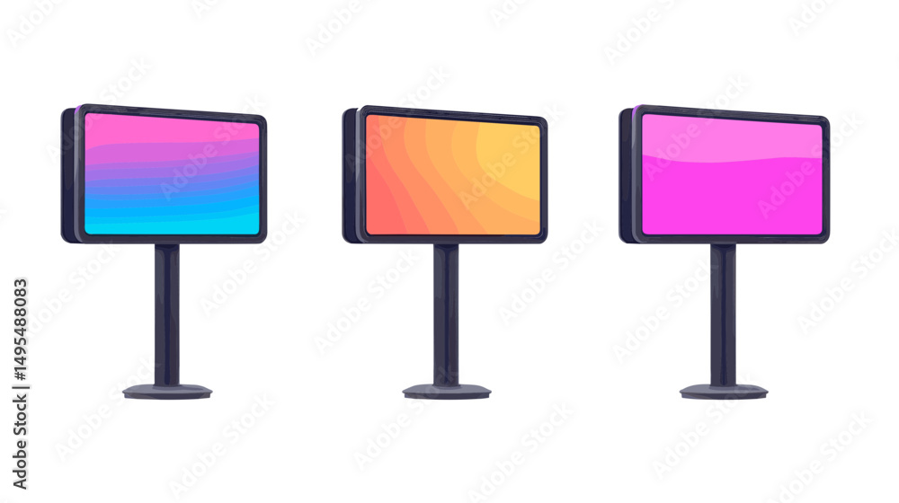 Poster three colorful digital billboards with vibrant gradients displaying abstract visuals