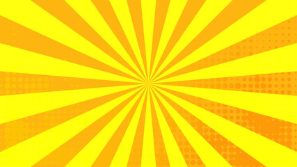 Retro orange sun rays on yellow halftone bg