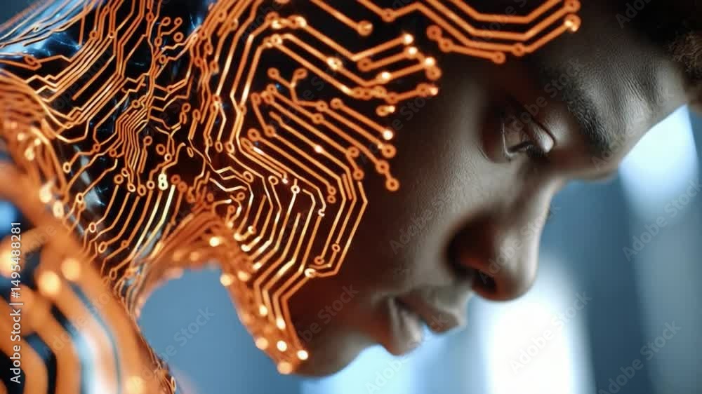 Poster digital mindscape: a close-up portrayal of a thoughtful individual, seamlessly merged with a network