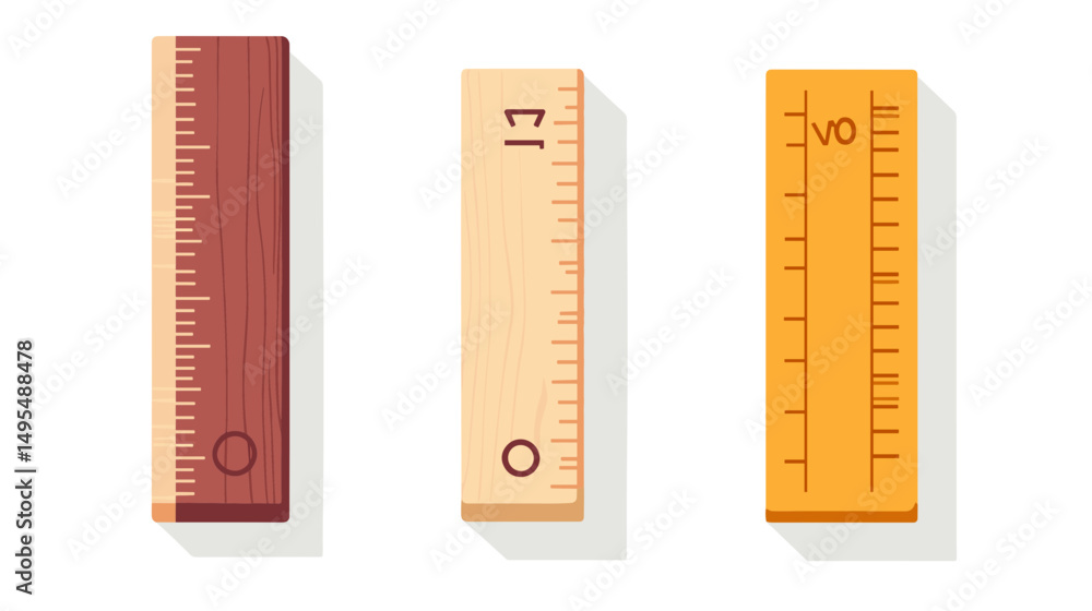 Poster three distinct wooden rulers in various colors and sizes isolated on white background