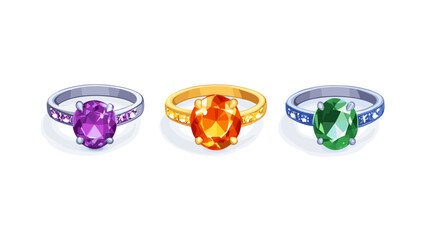 Fototapeta premium Three Elegant Gemstone Rings Featuring Purple, Orange, and Green Stones on a White Background