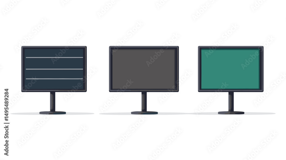 Poster three varied computer monitors displaying different backgrounds in a modern office environment