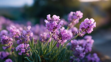 Obraz premium Vibrant lavender blossoms at sunrise in a serene garden