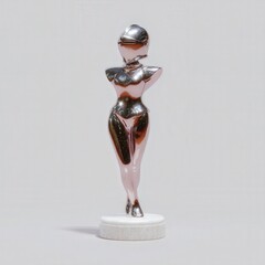 Highly stylized 3D female knight figure with winged helmet, sword down pose, circular stand