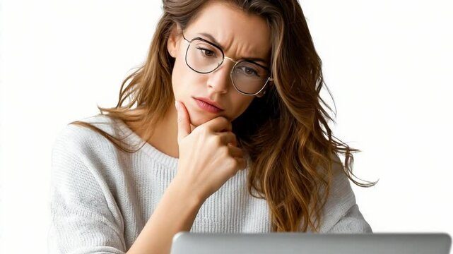 Contemplation and Focus: A woman in eyeglasses thoughtfully ponders a laptop screen, showcasing an intense concentration and deep thinking.